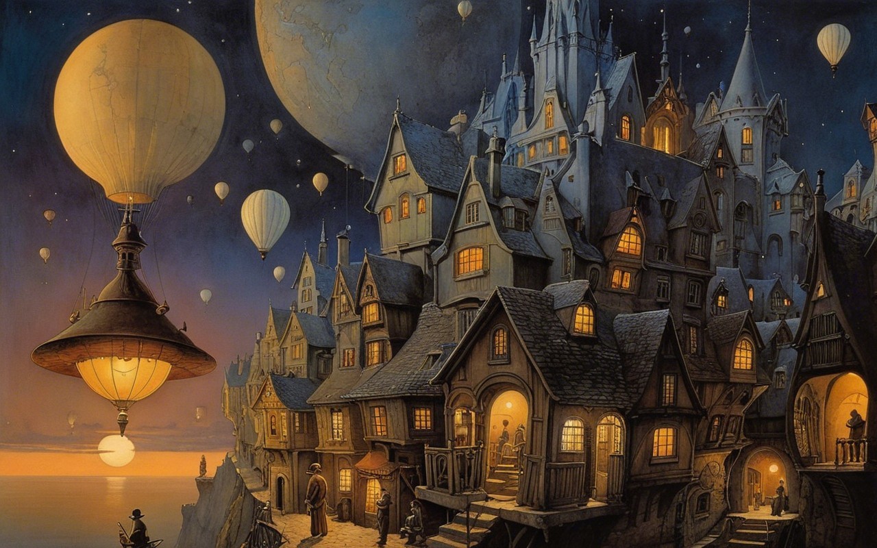 Whimsical Twilight Scene of a Fantastical Village