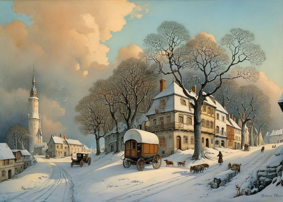 Serene Winter Landscape with Snow-Covered Buildings