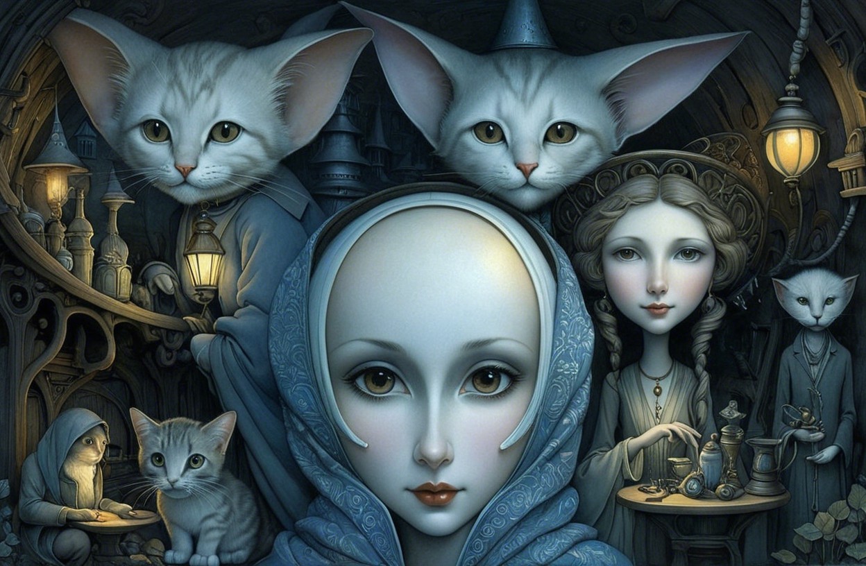Ethereal Figure Surrounded by Enchanting Cats
