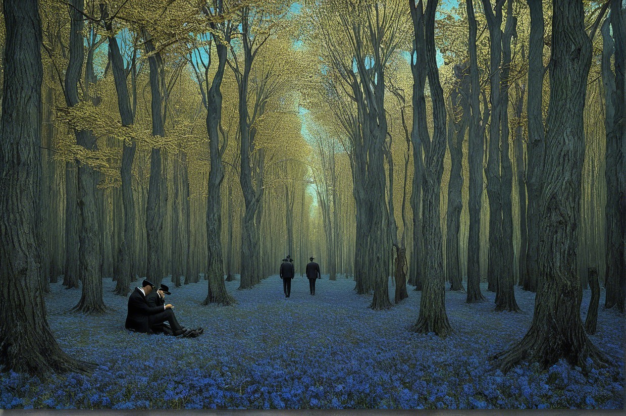 Serene forest with golden leaves and vibrant flowers