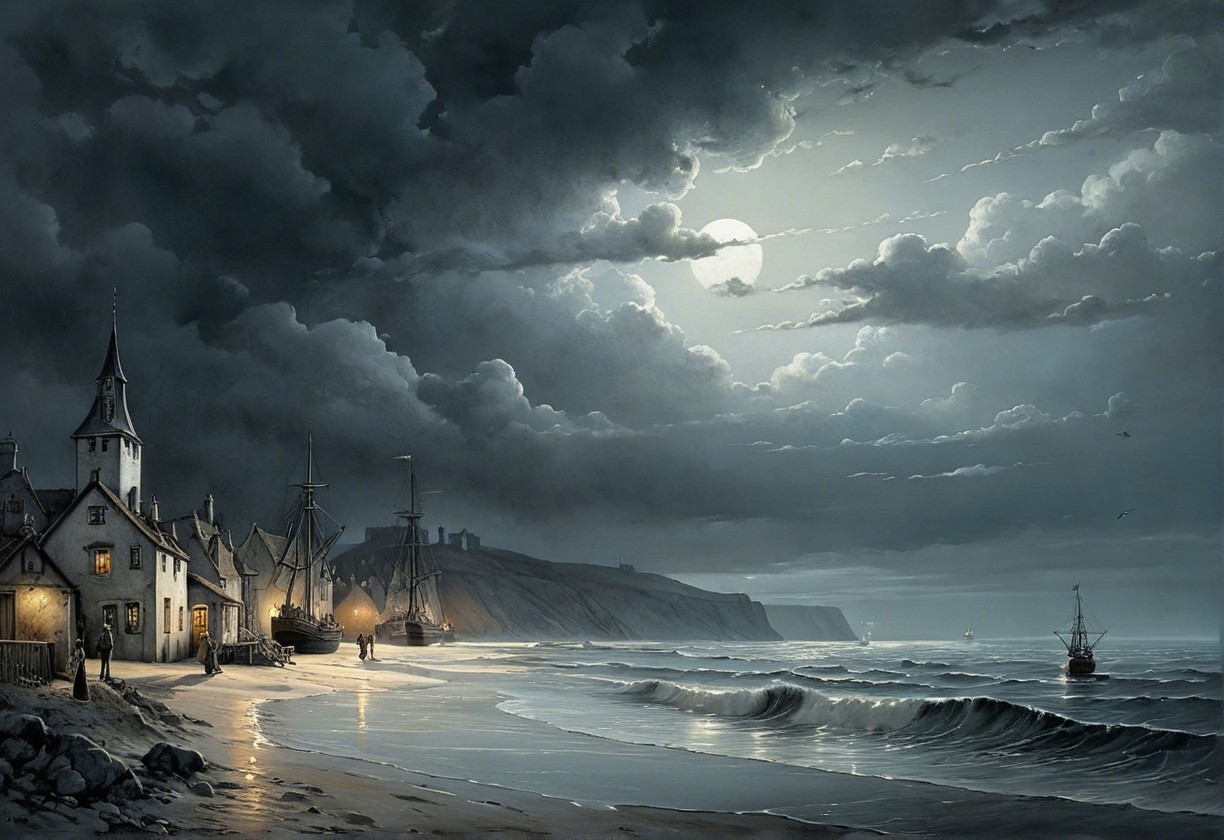 Coastal Night Scene with Moonlit Waves and Houses