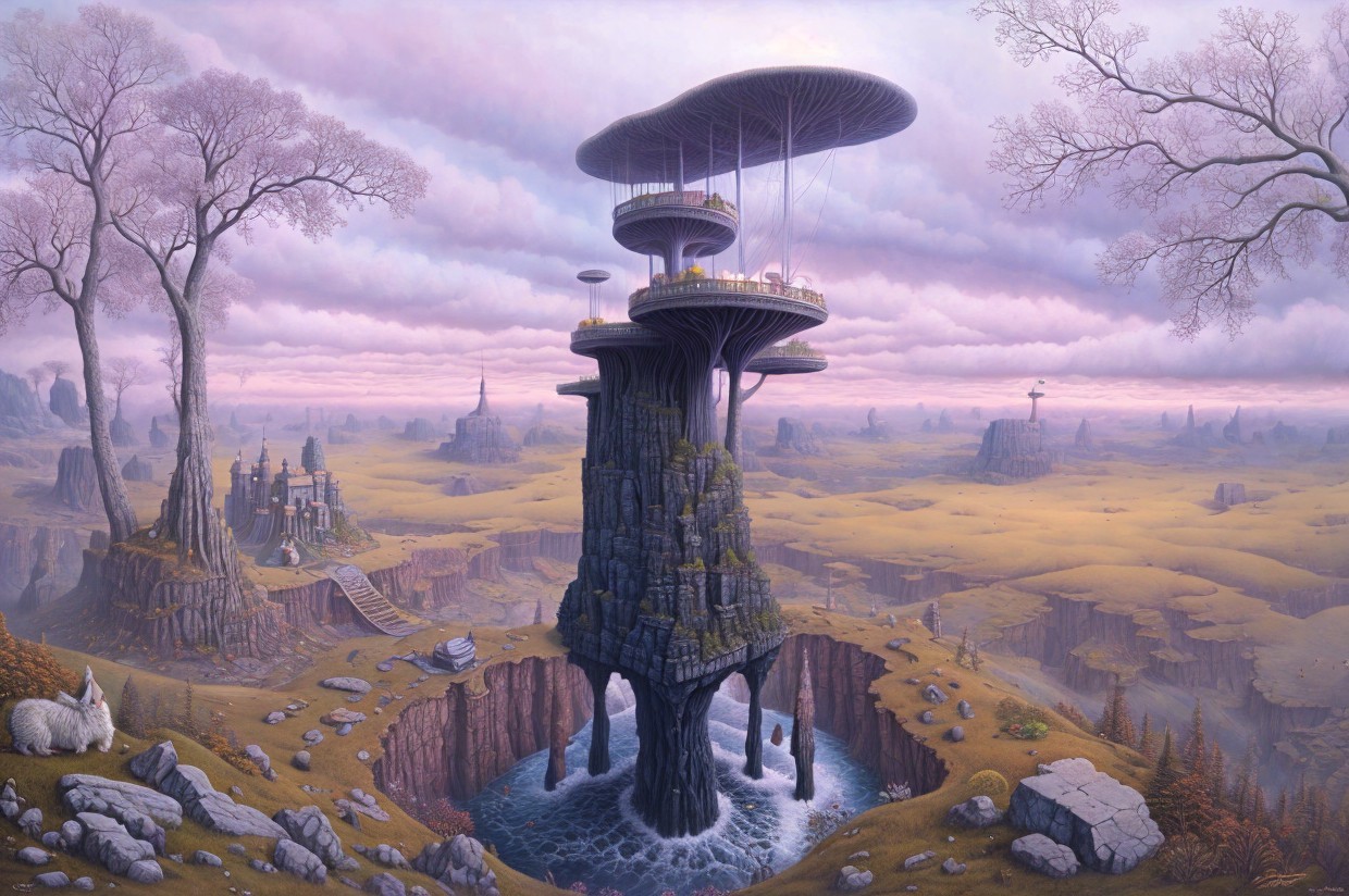 Surreal landscape with rock formation and futuristic structure