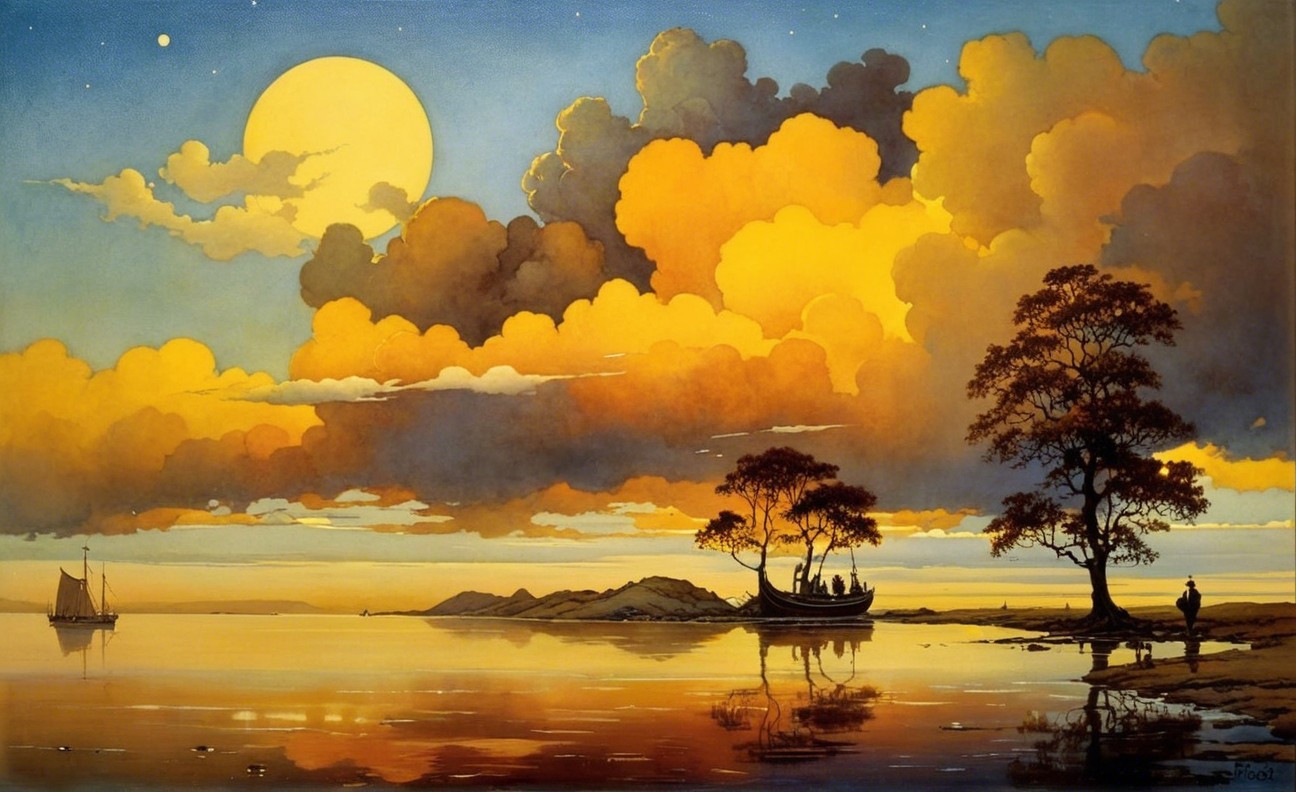 Serene Sunset Landscape with Moon and Reflections