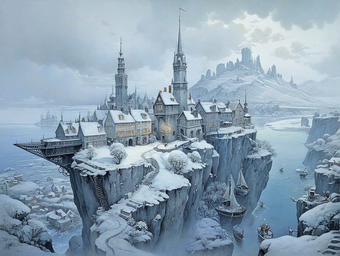 Snow-Covered Castle on Rocky Cliff in Winter Landscape