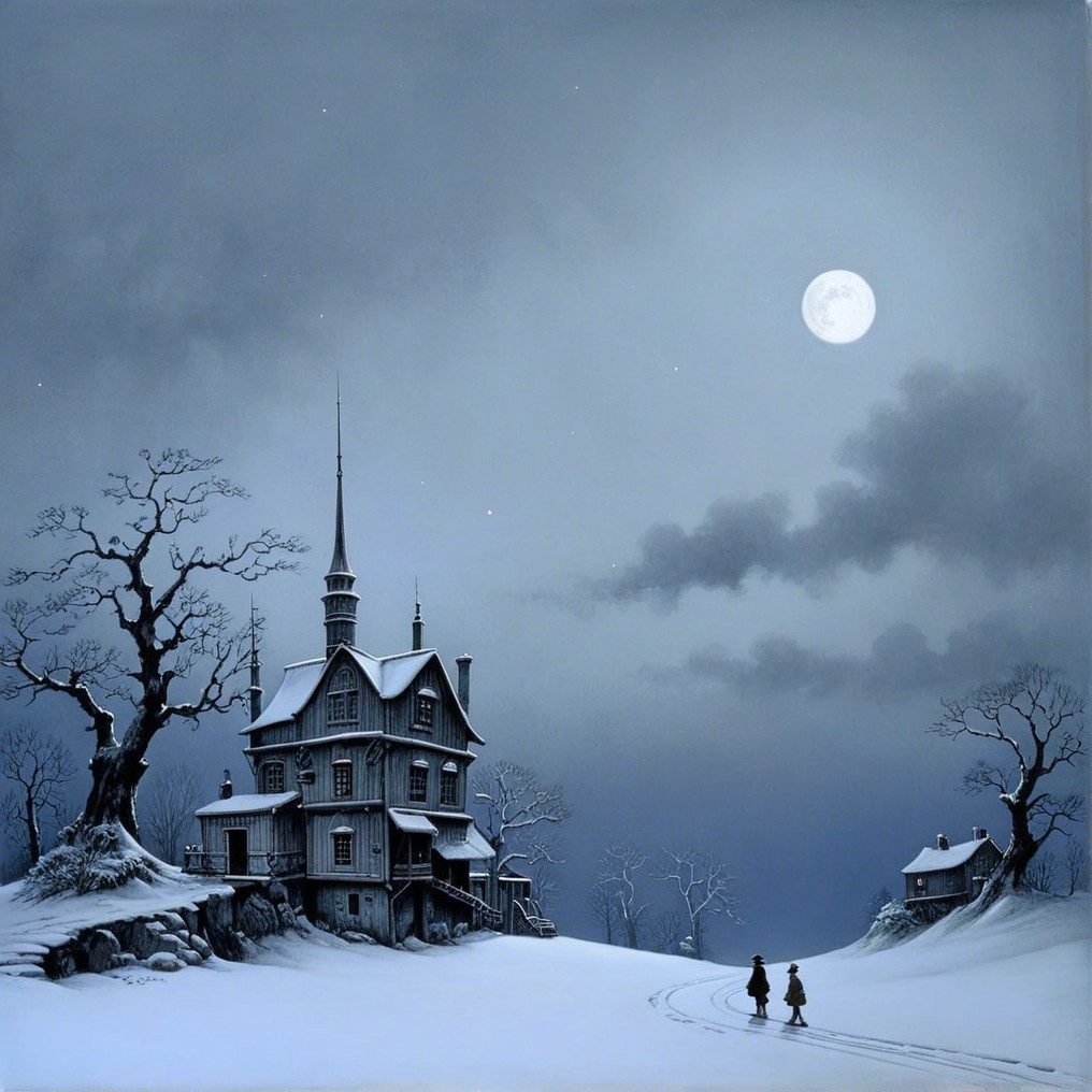 Serene Winter Landscape with Grand House and Moonlight