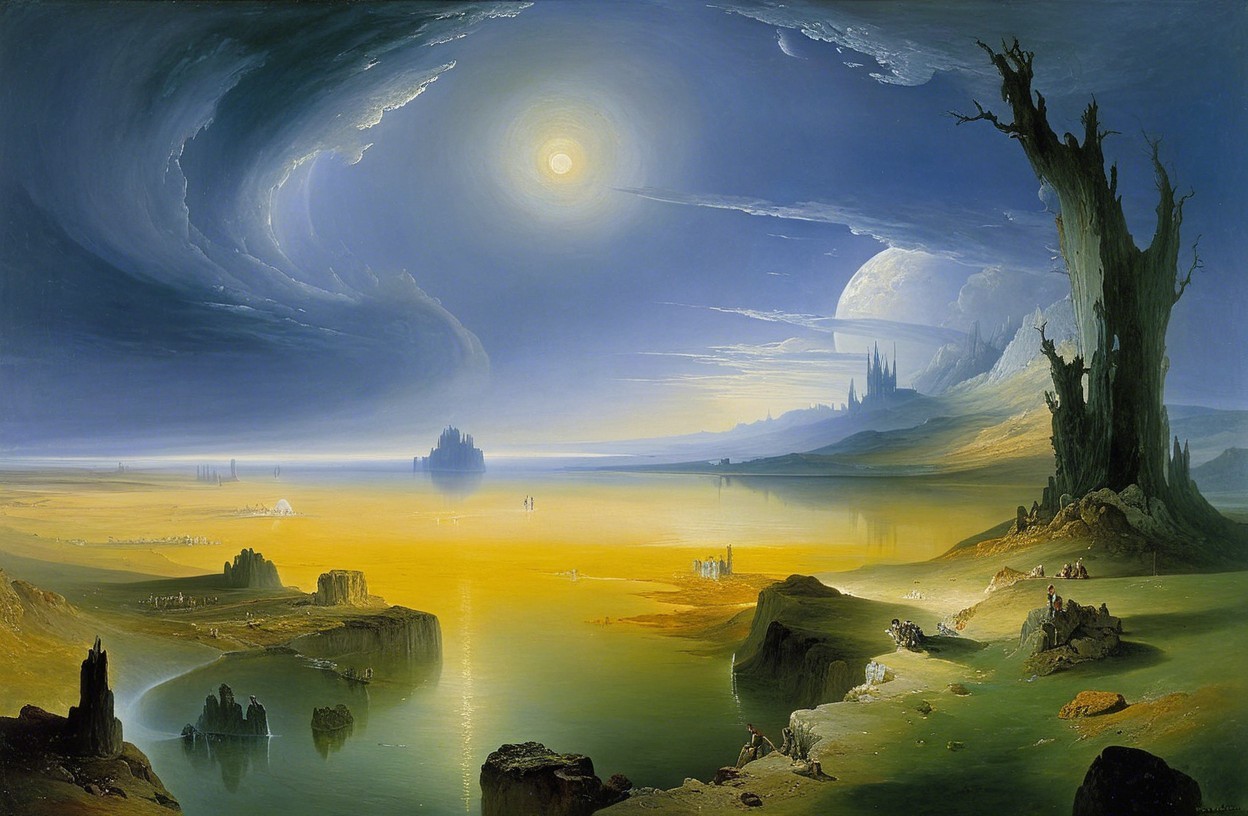 Surreal Landscape with Luminous Sky and Cliffs