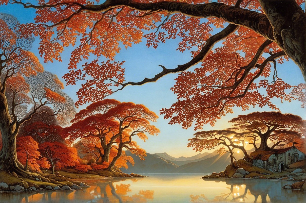 Vibrant Autumn Landscape with Tranquil Lake Reflection