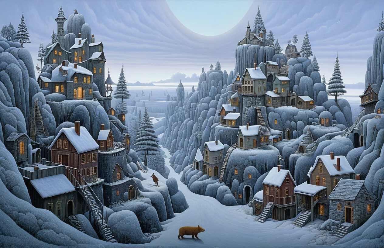 Winter Landscape with Cozy Houses and Snowy Hills