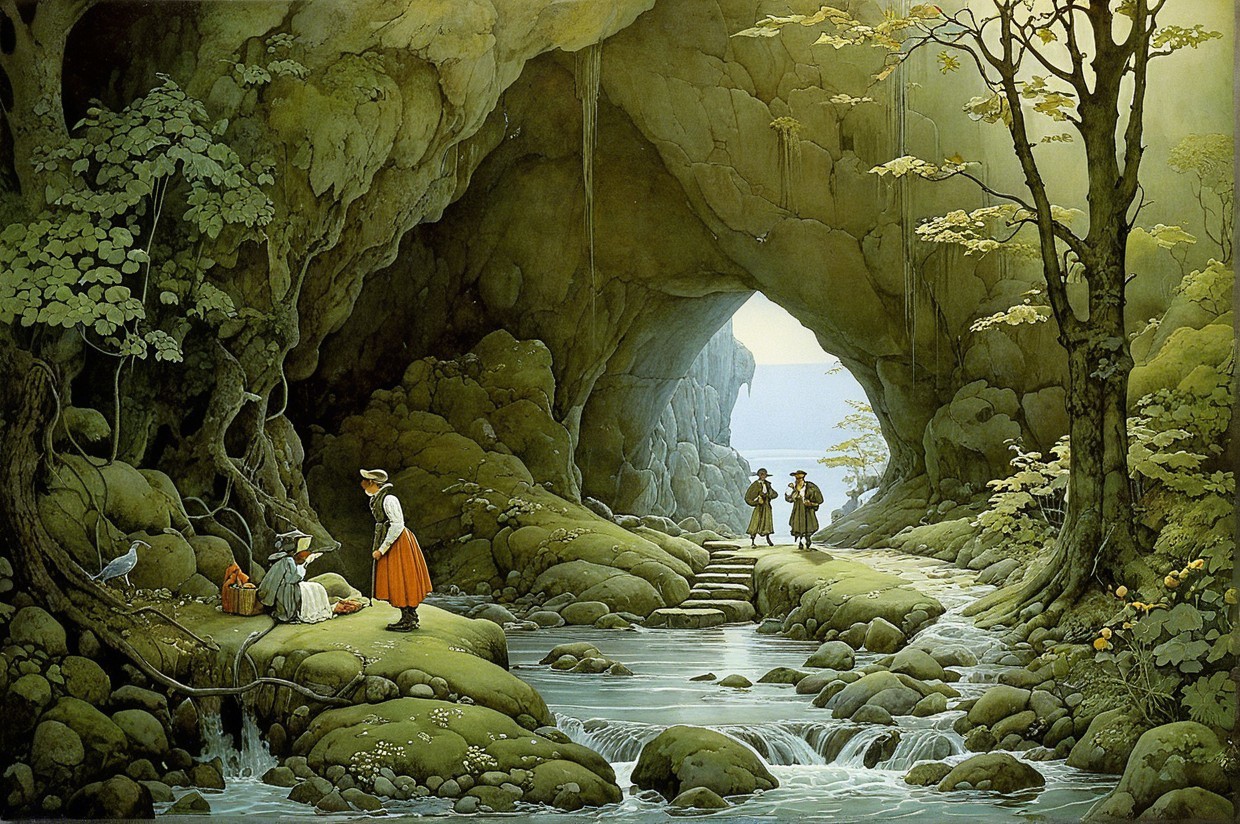 Cave Scene with Stream and Figures in Traditional Attire