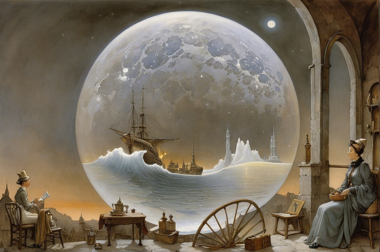 Fantastical Scene with Moon, Ship, and Vintage Objects