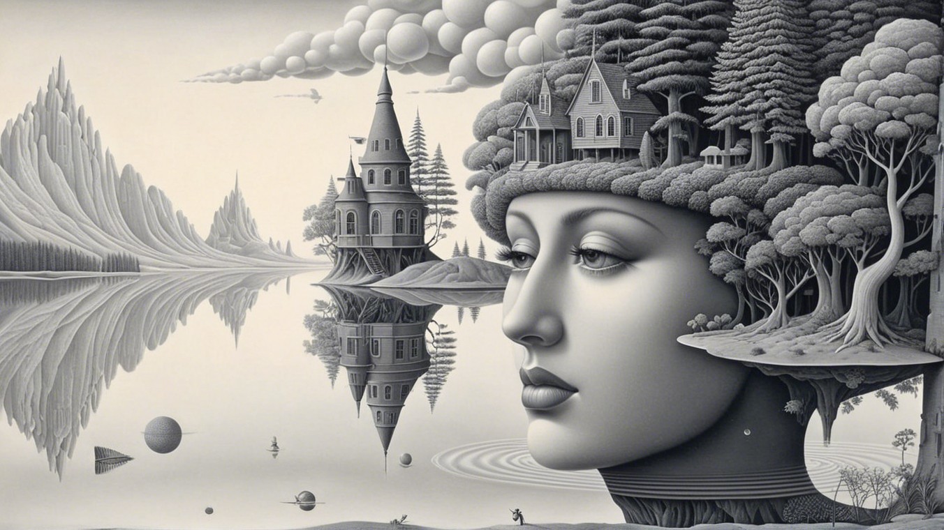 Surreal Landscape with Woman's Face and Geometric Shapes