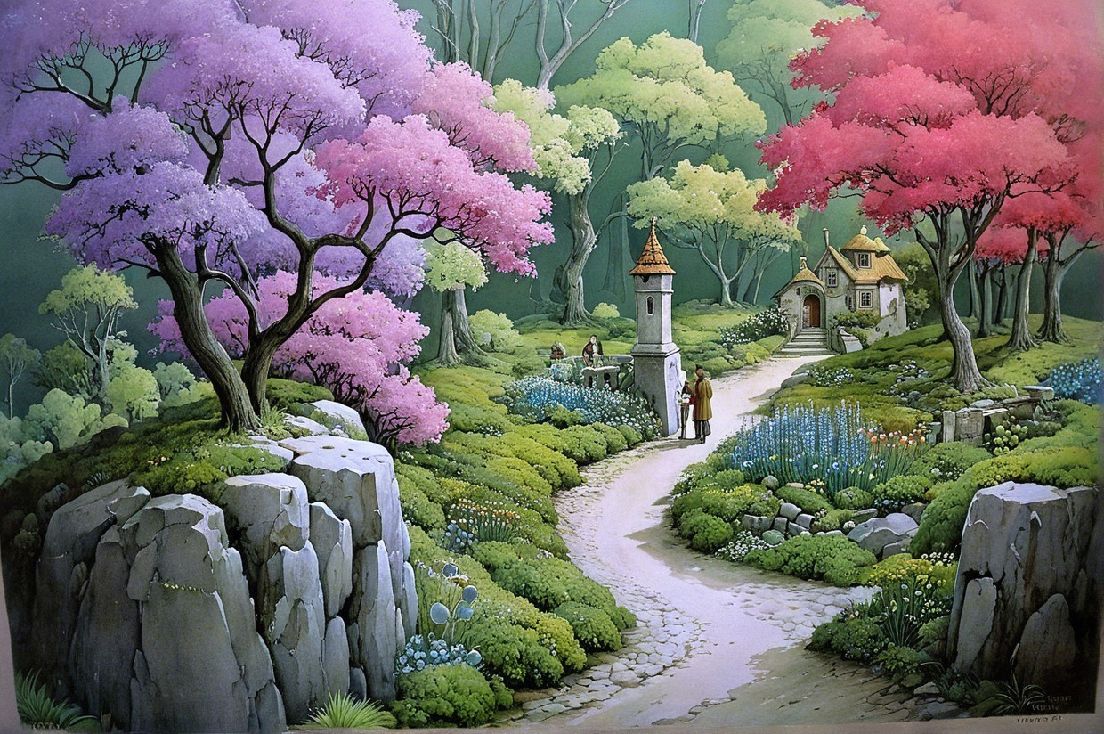 Serene Landscape with Winding Path and Cottage