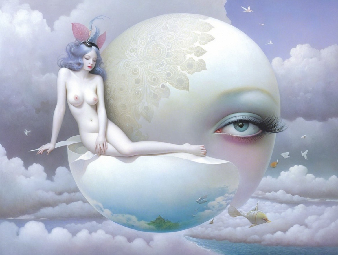 Surreal Scene with Nude Figure on Cracked Eggshell
