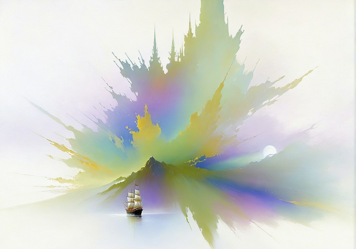 Dreamy Seascape with Ship and Abstract Mountains