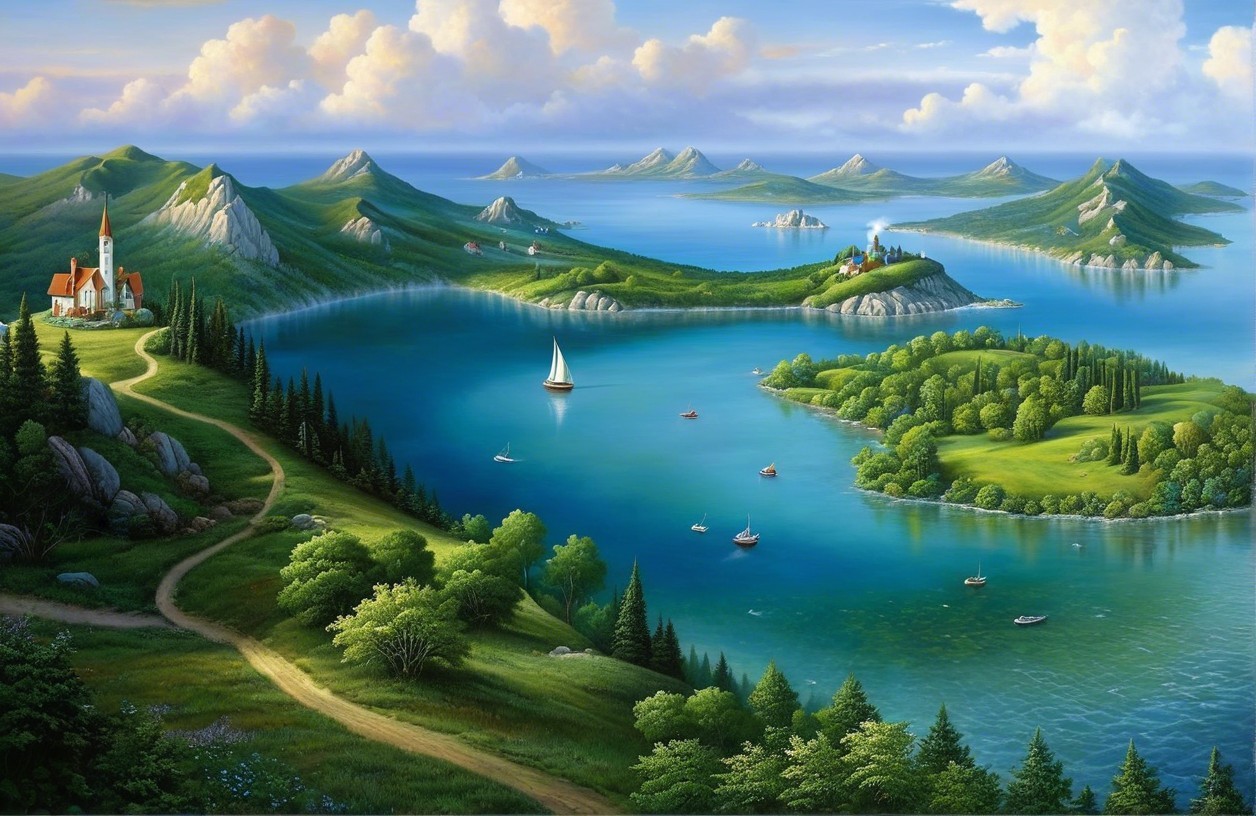 Tranquil Bay Landscape with Church and Sailboats