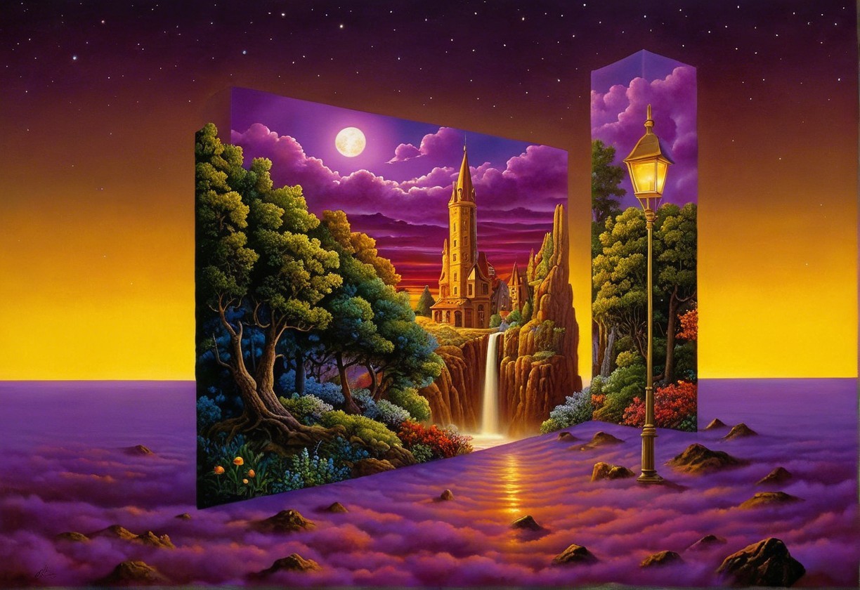 Surreal Landscape with Sunset, Waterfall, and Castle