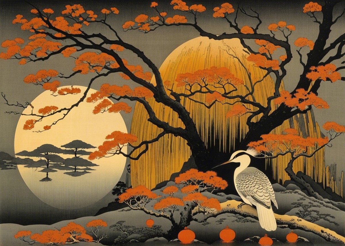 Serene Japanese Landscape with Vibrant Foliage and Moons