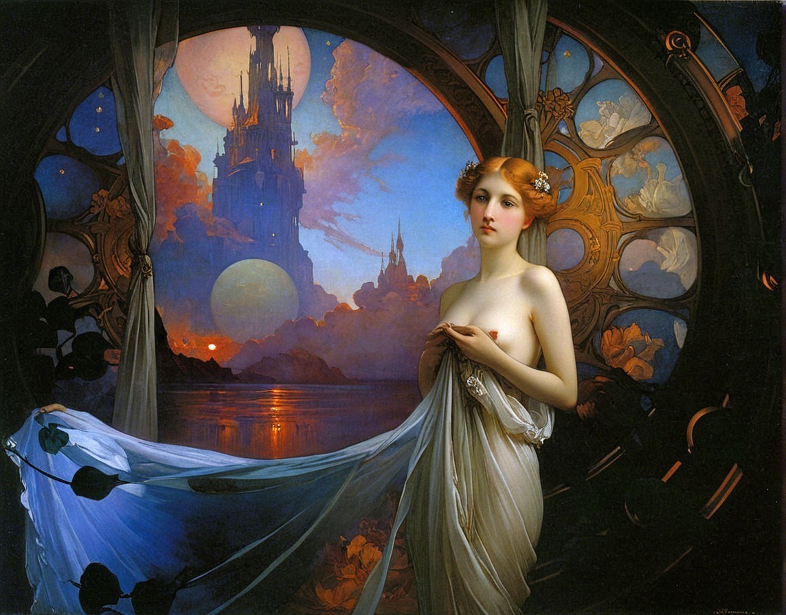 Woman in flowing fabric by ornate window with castle view