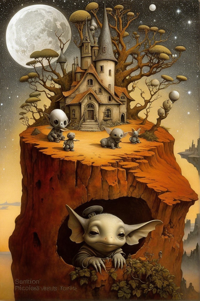 Whimsical landscape with castle on a tree stump