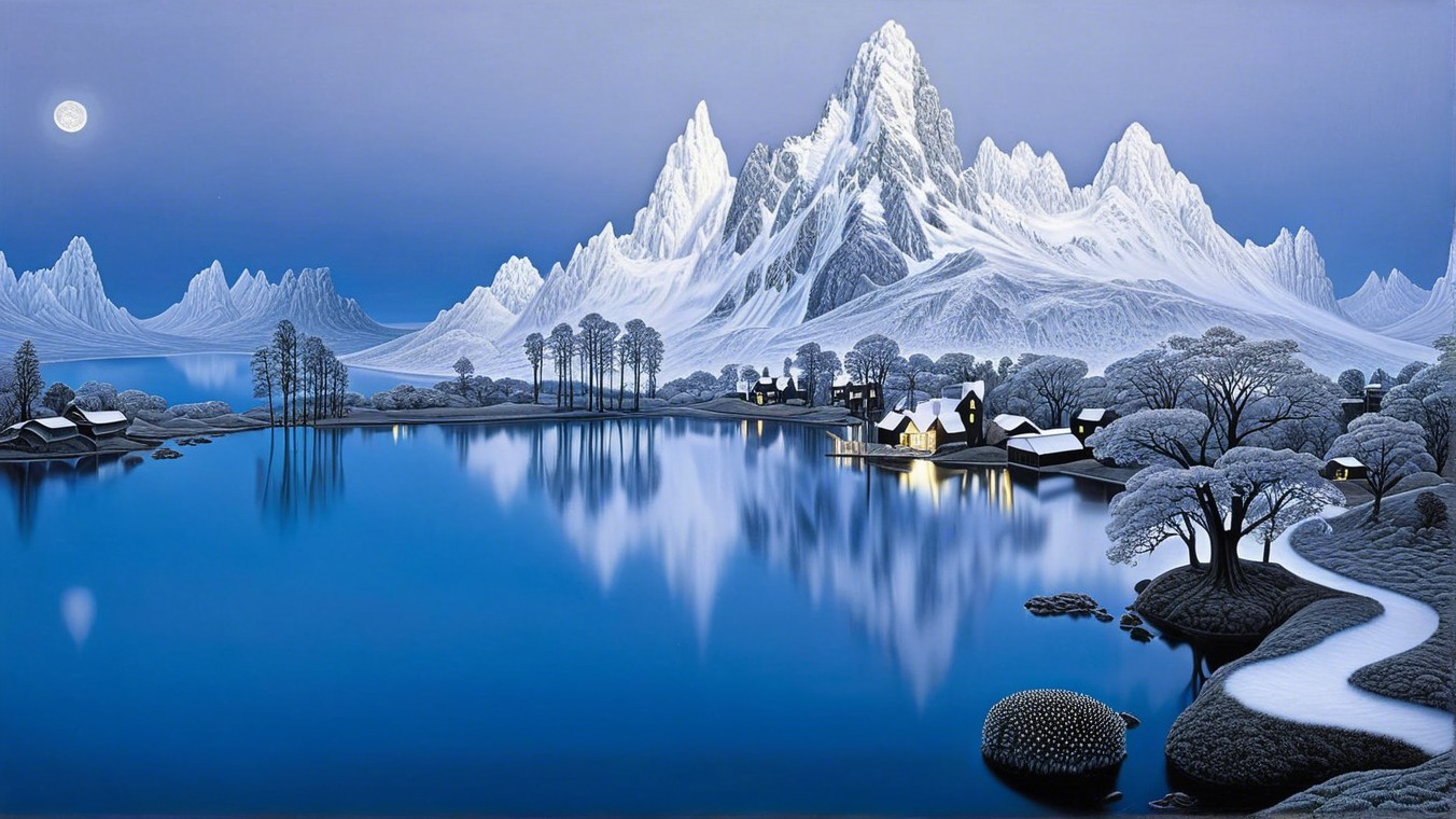 Winter Landscape with Snow-Capped Mountains and Lake