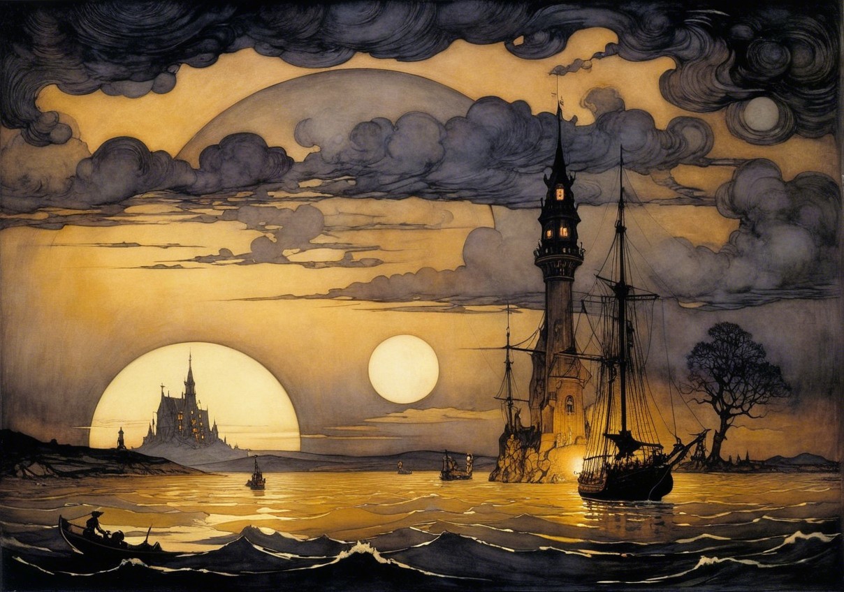Twilight Lighthouse Scene with Dual Suns and Castle