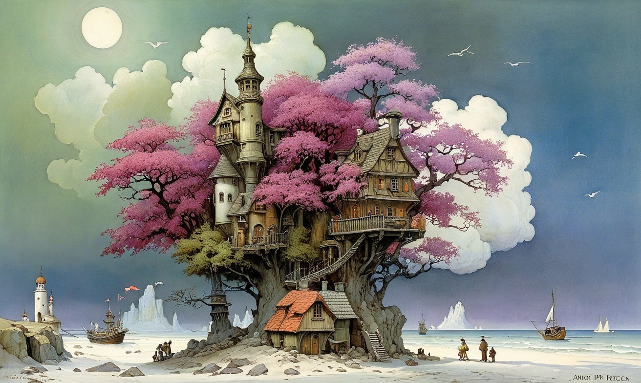 Whimsical Treehouse Amidst Blossoms and Tranquil Waters