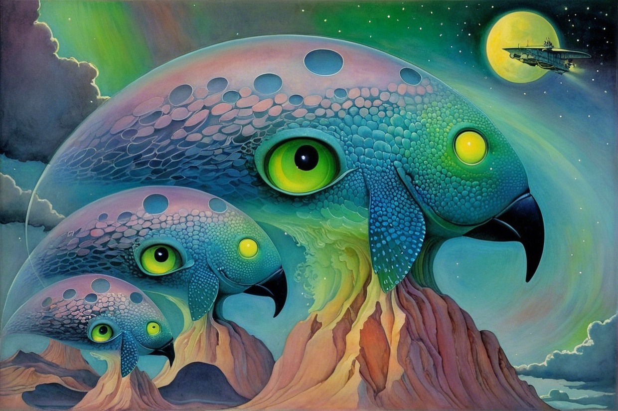 Surreal Landscape with Gigantic Colorful Creatures