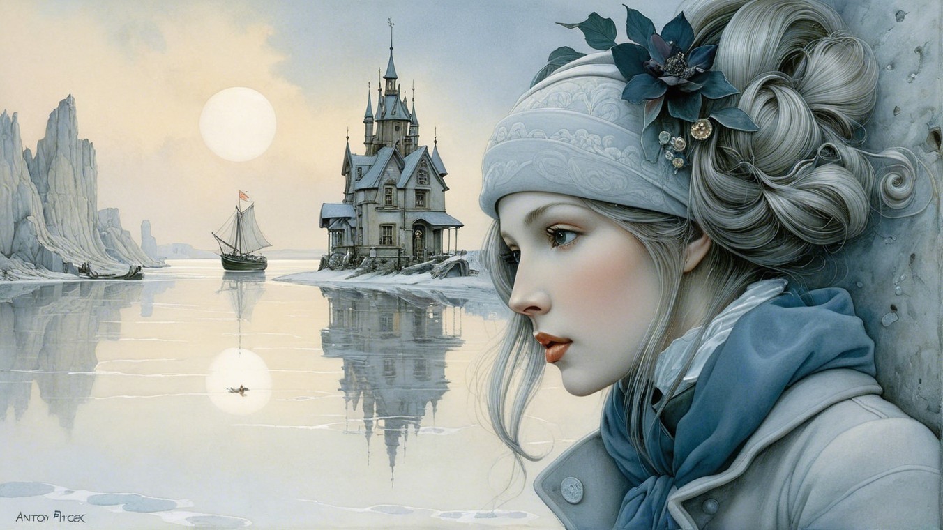 Serene Winter Landscape with Young Woman and Sailboat
