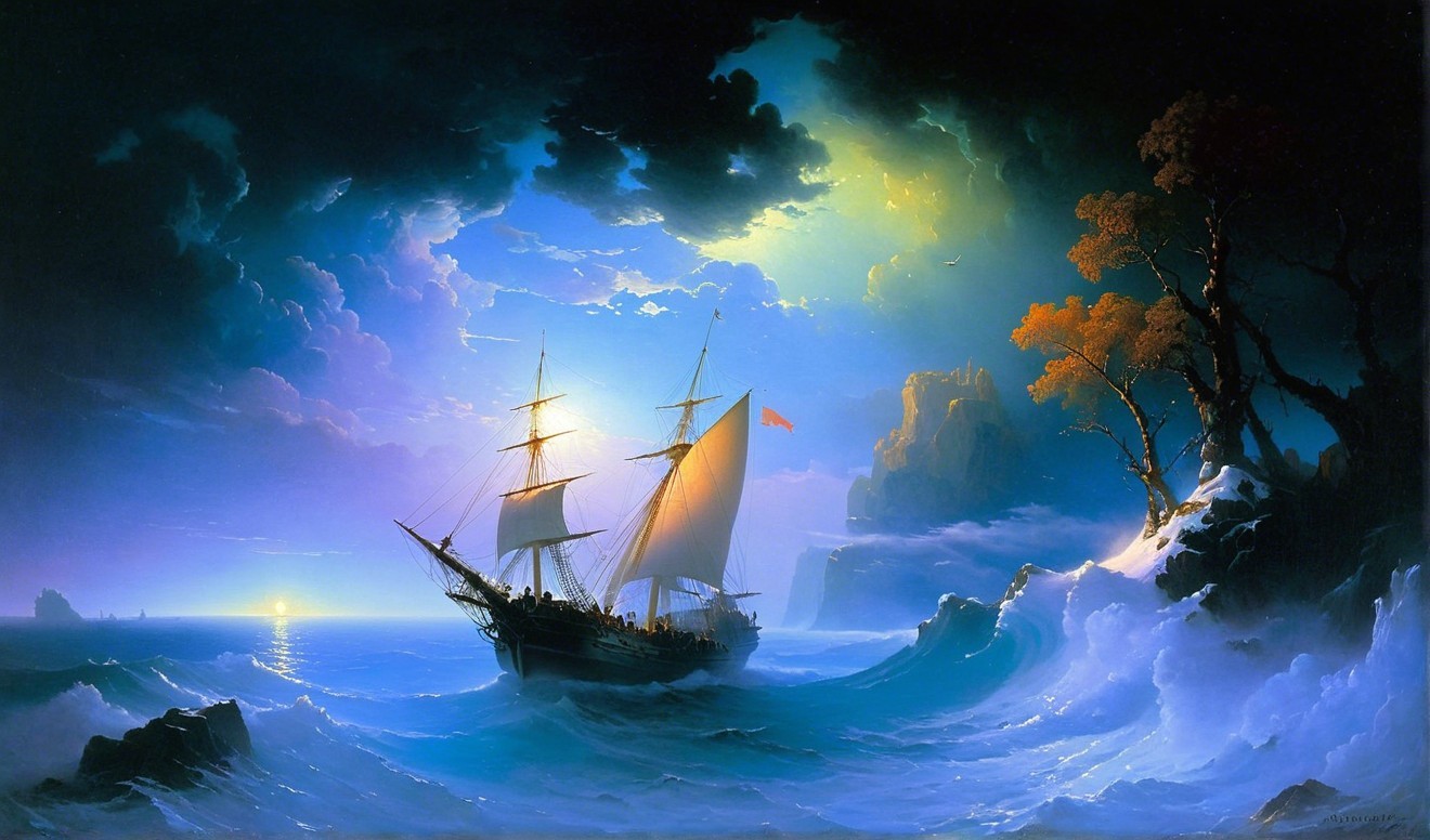 Sailing Ship Navigating Waves Under Dramatic Sky