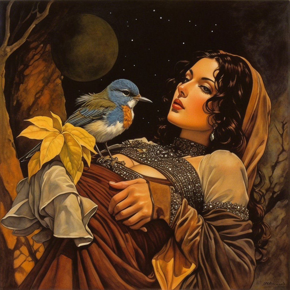 Serene Woman with Bluebird Among Autumn Leaves