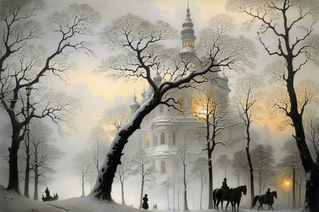 Winter Landscape with Castle and Silhouetted Figures