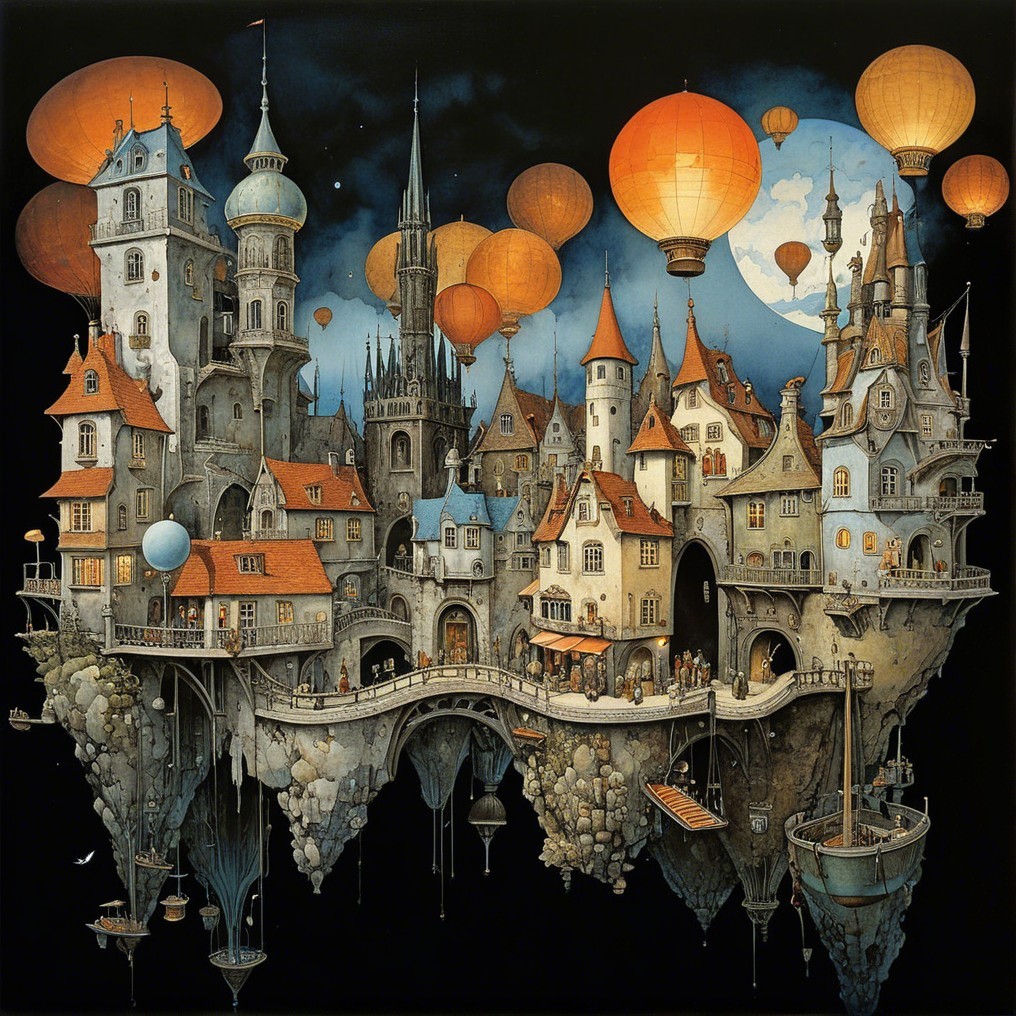 Whimsical Floating City with Intricate Towers and Balloons