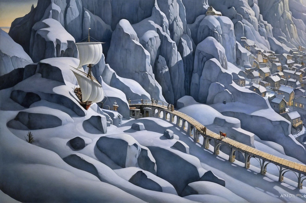 Surreal Landscape with Ship and Snowy Mountains