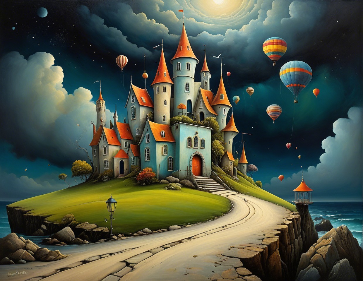 Whimsical castle on a hill with vibrant surroundings