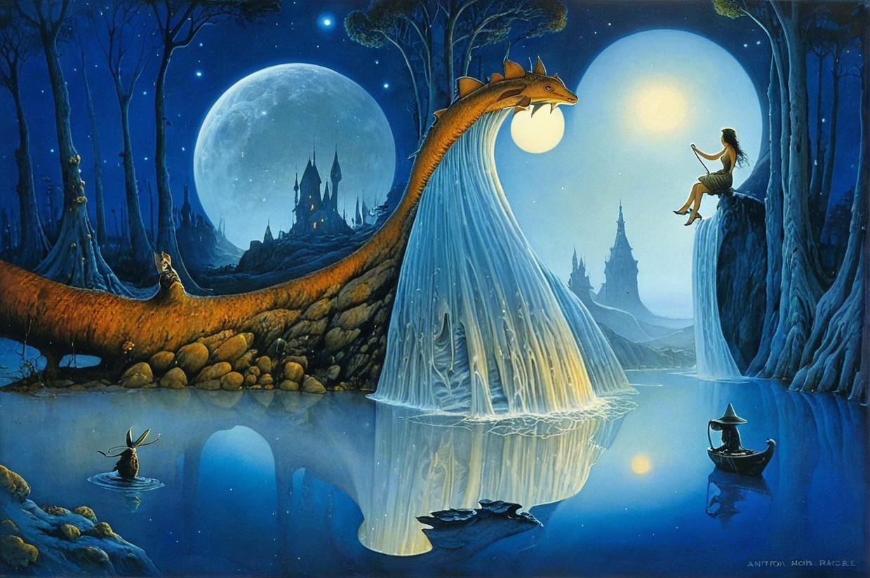Fantasy Scene with Dragon, Waterfall, and Moons