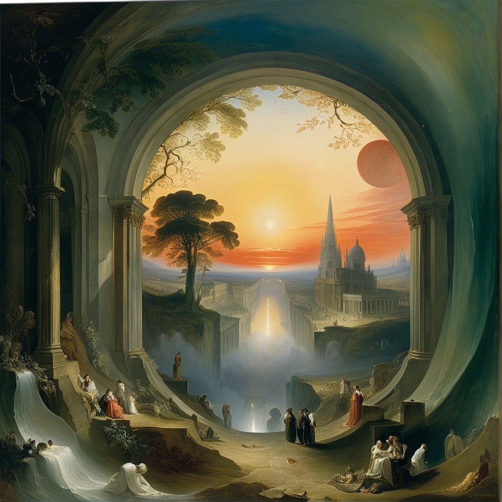 Dreamlike Landscape with Sunset and Figures in Garments