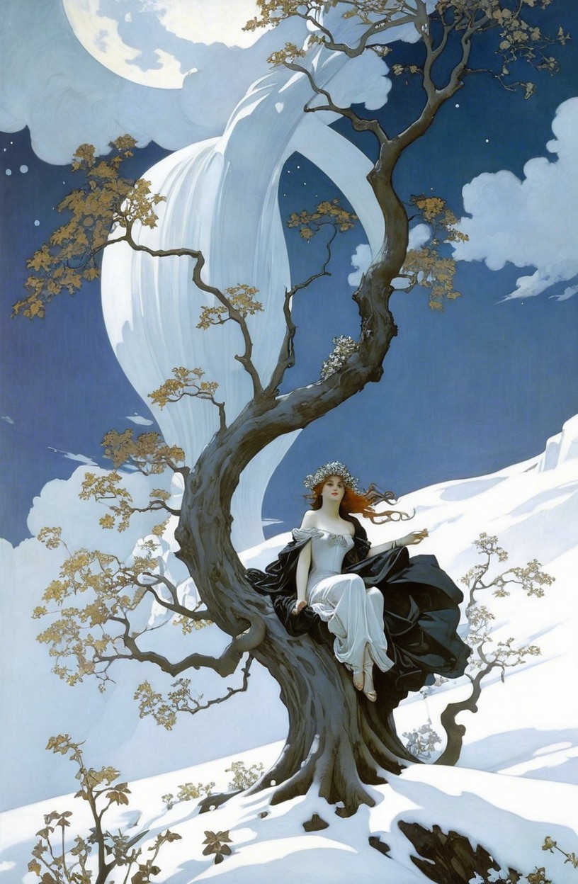 Serene Figure in Gown on Ornate Tree at Night