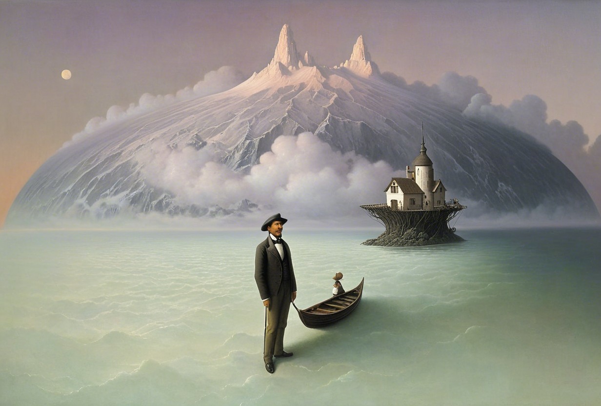 Surreal Landscape with Man on Calm Waters and Island