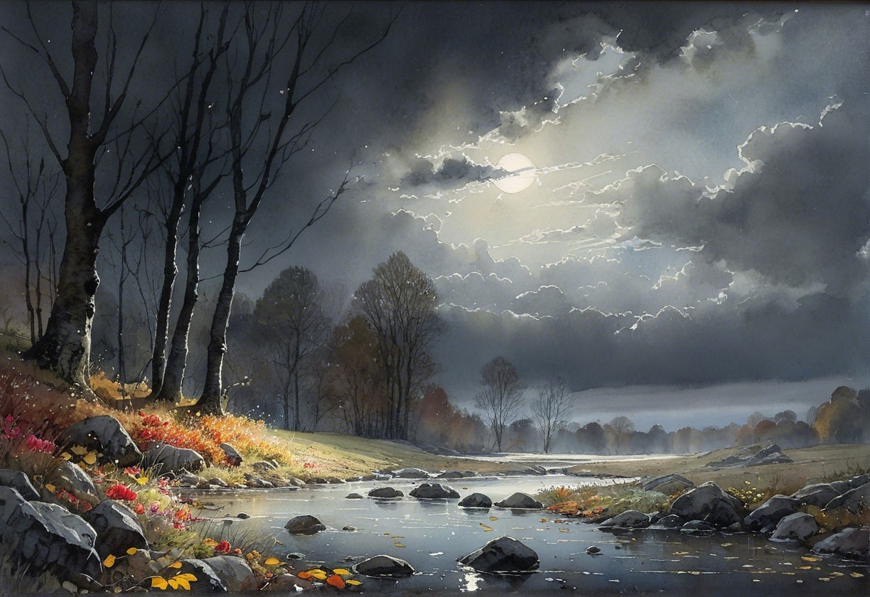 Serene Night Landscape with Winding River and Moonlight