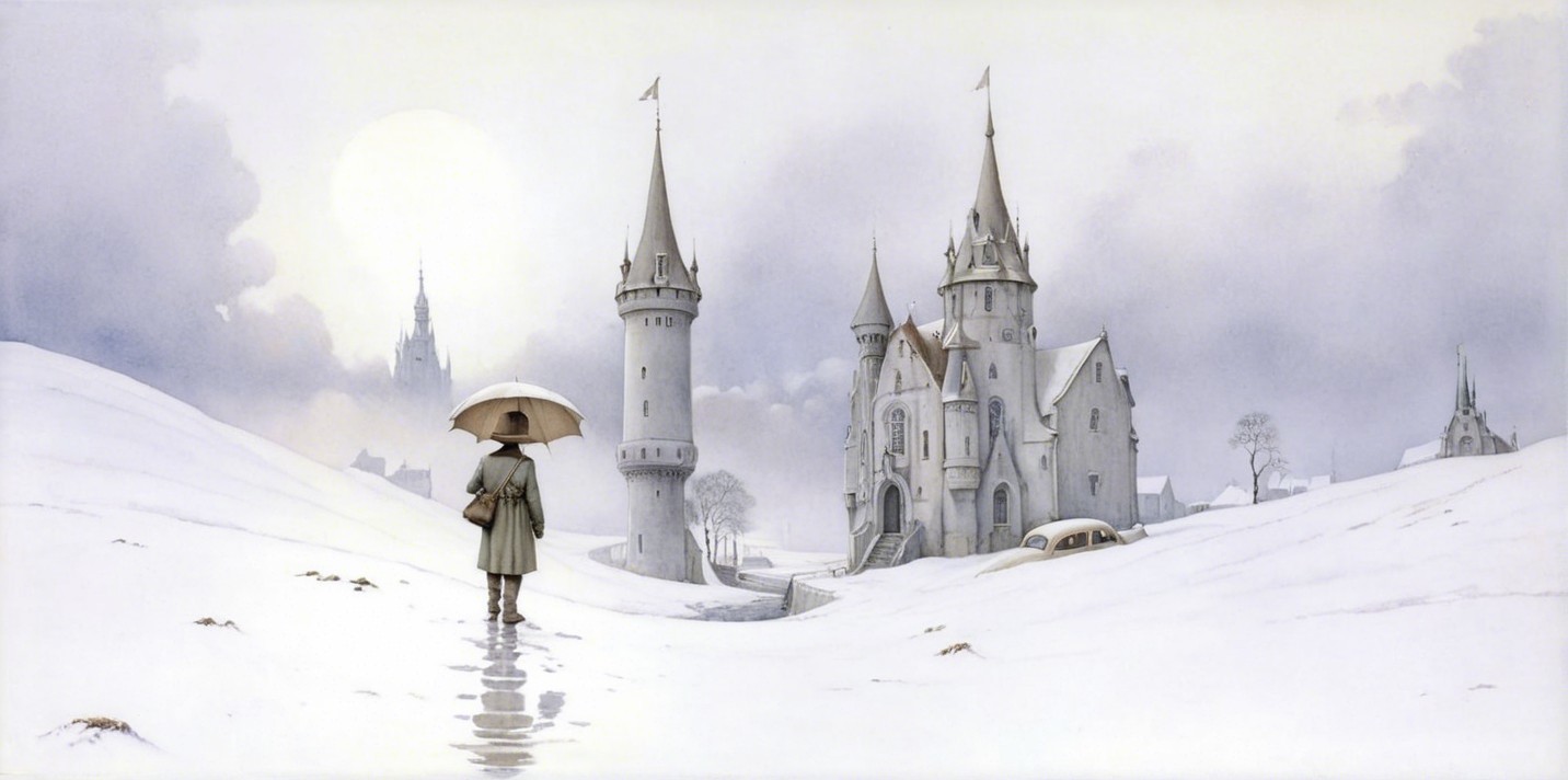 Solitary Figure in Snowy Landscape with Castle at Dawn