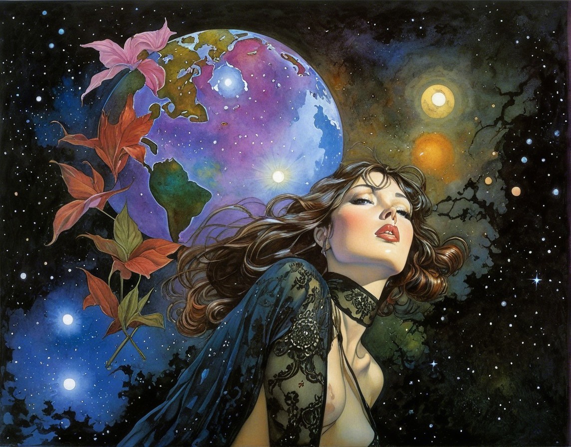 Mystical Woman in Cosmic Landscape with Earth and Plants