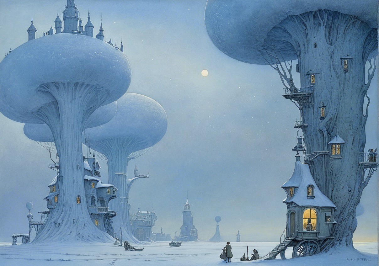 Whimsical Snowy Landscape with Quaint Houses and Trees