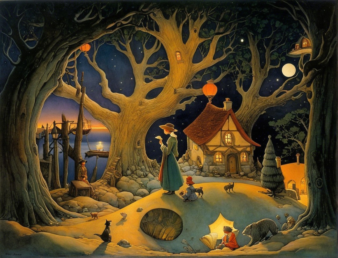 Whimsical Night Scene with Woman and Enchanted Forest