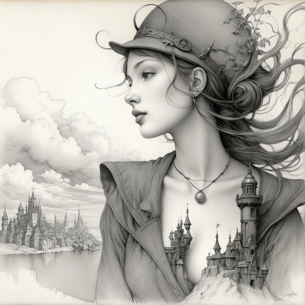 Detailed Portrait of a Woman with Whimsical Landscape