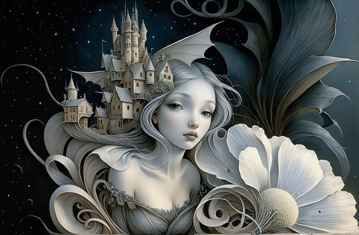 Fantasy Scene of a Serene Woman with Castle and Flowers