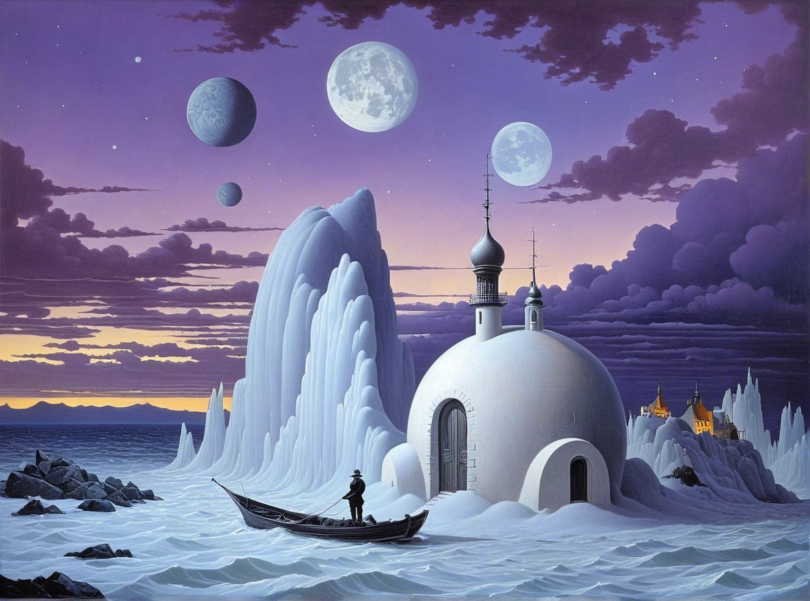 Mysterious landscape with icy structures and celestial bodies