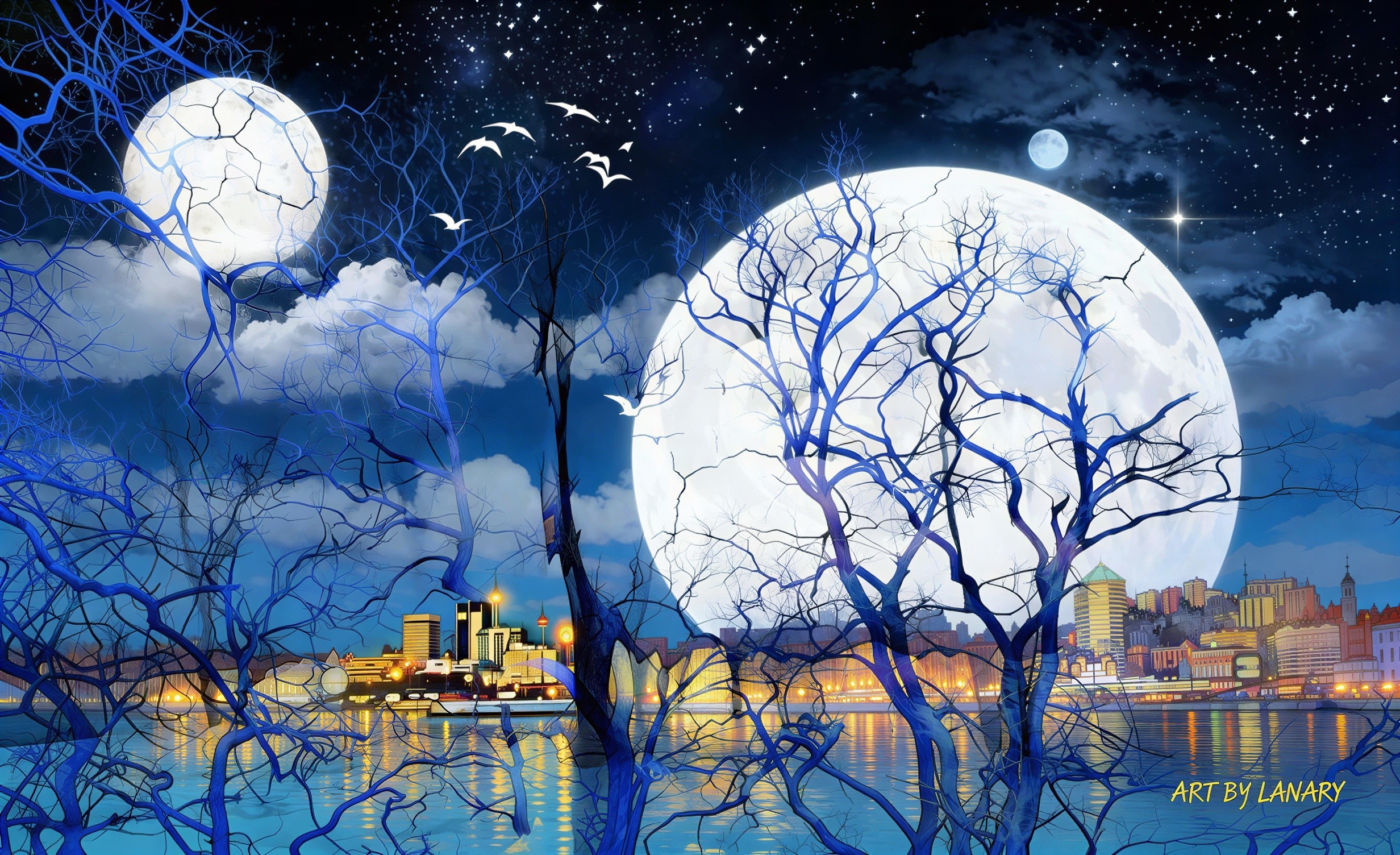 Blue Landscape with City and Textured Moons