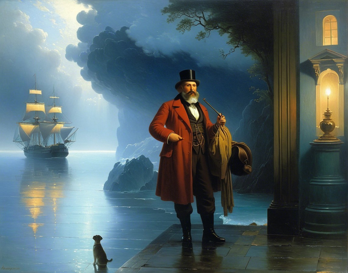 Gentleman in Red Coat at Misty Dock with Dog