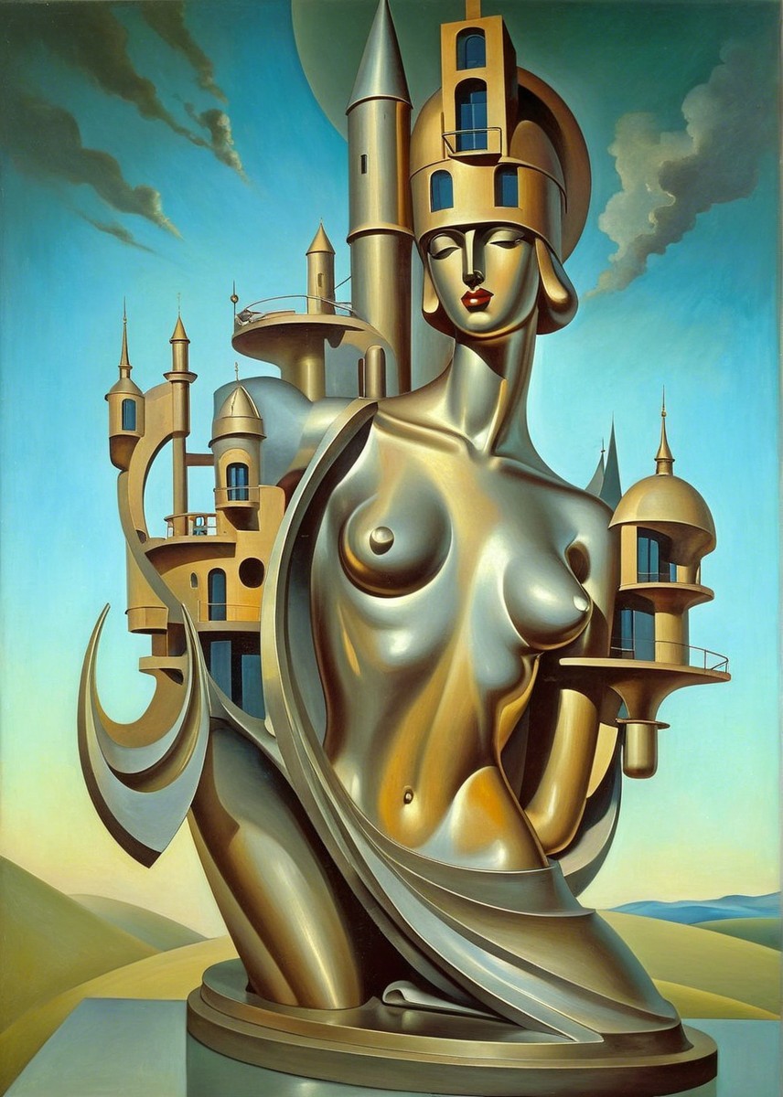 Surreal Sculpture of Female Figure with Architectural Elements