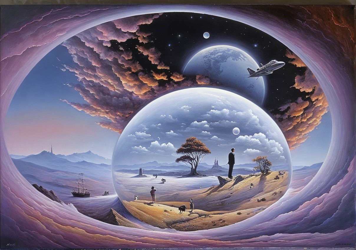 Surreal Landscape with Spherical Worlds and Cosmic Scene
